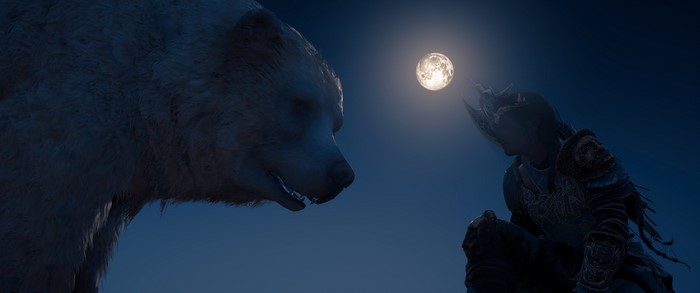Assassin's Creed Valhalla: A man and a bear under the moon