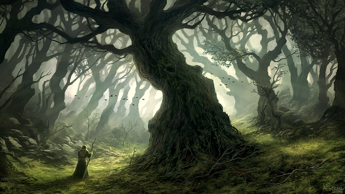 Fantasy art of a person walking in a dark forest