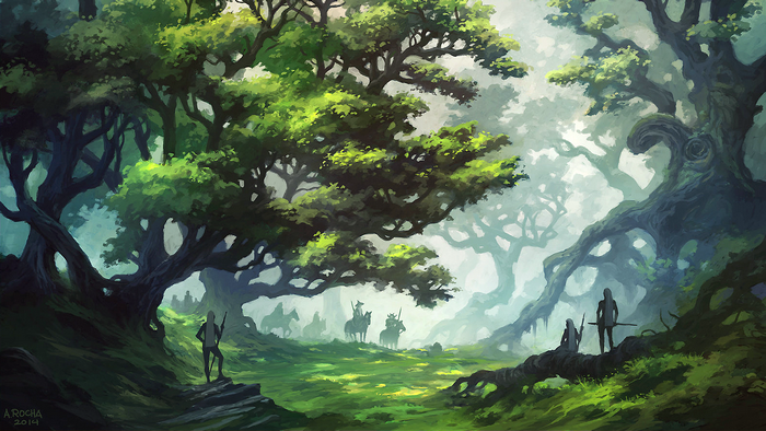 Fantasy forest with riders and figures