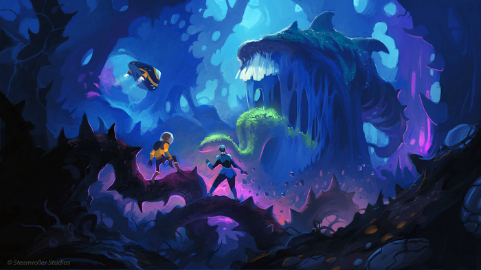 Astronauts explore an alien cave with a giant creature