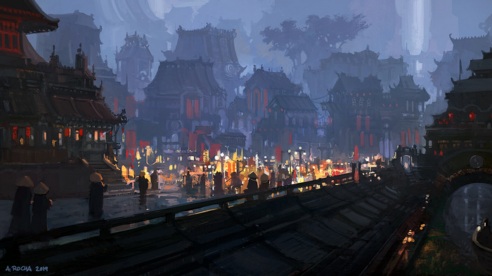 Asian village cityscape with lanterns by Andreas Rocha