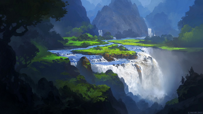 Andreas Rocha Digital Landscape of Waterfalls and Mountains