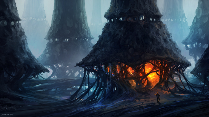 Fantasy architecture with glowing core and lone figure