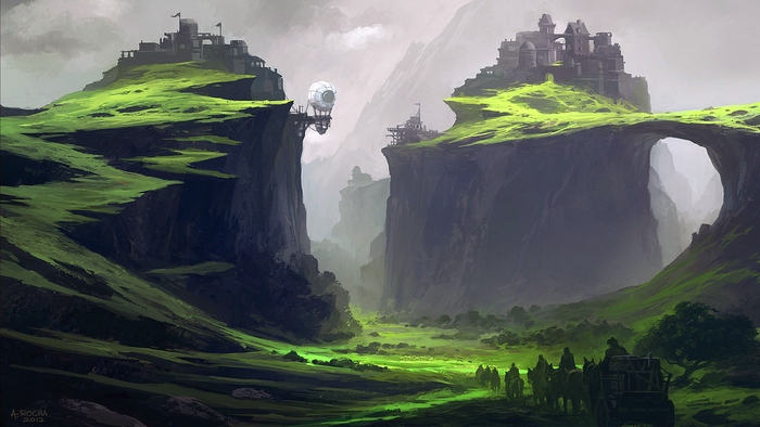 Fantasy landscape with castles and a Zeppelin by Andreas Rocha