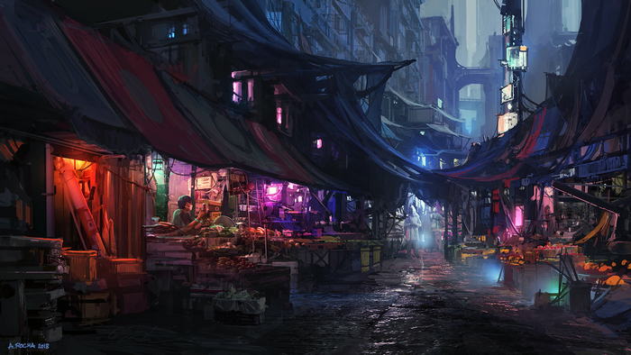 Futuristic street market by Andreas Rocha