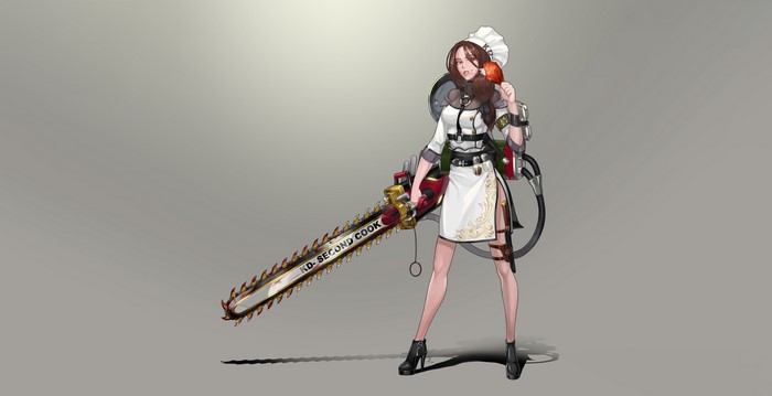 Fantasy girl cook with chainsaw and fried chicken