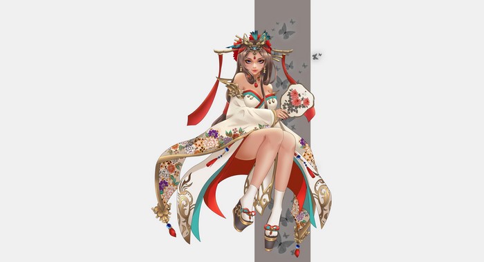 Fantasy girl in traditional Japanese attire with fan