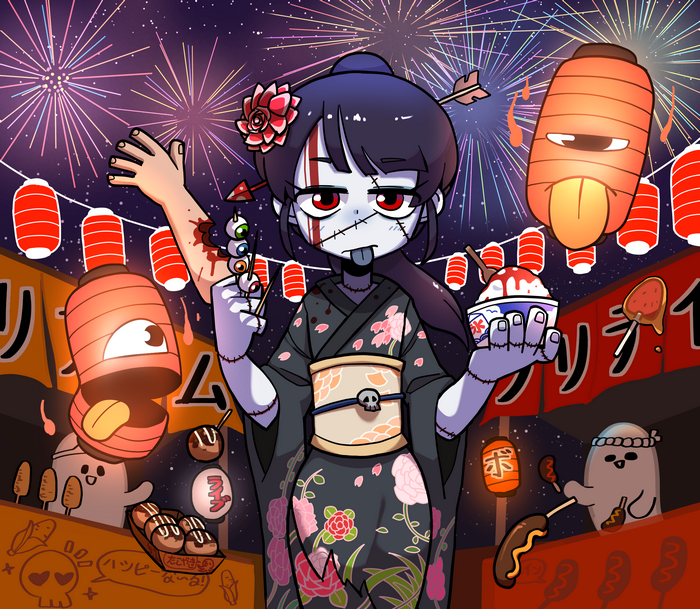 Zombie girl at a festival with fireworks