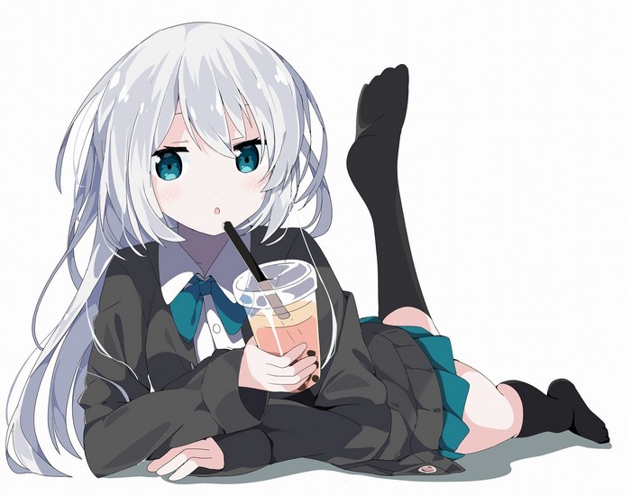 Anime girl with white hair drinking bubble tea