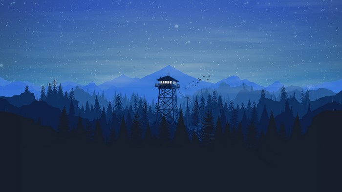 Firewatch tower in a starry mountain forest at night