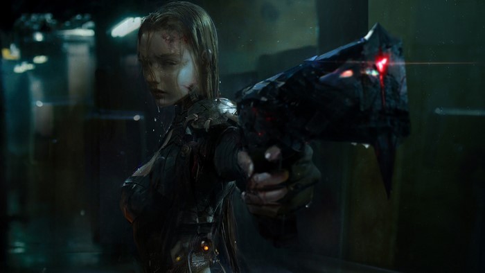 Woman holding a futuristic weapon, digital art