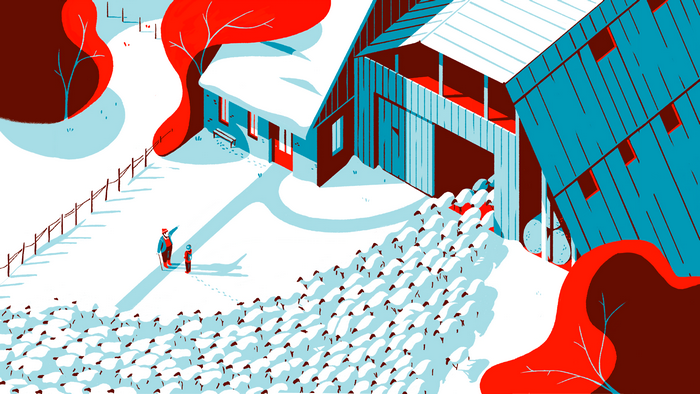 Shepherds herding sheep into a barn in winter