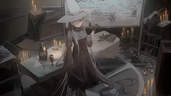 Anime girl in witch hat with telescope
