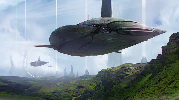 Alien landscape with flying airships and rocky hills