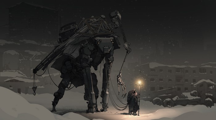 Robot and traveler in a snowy, dark city at night