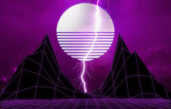 Synthwave landscape with mountains and lightning