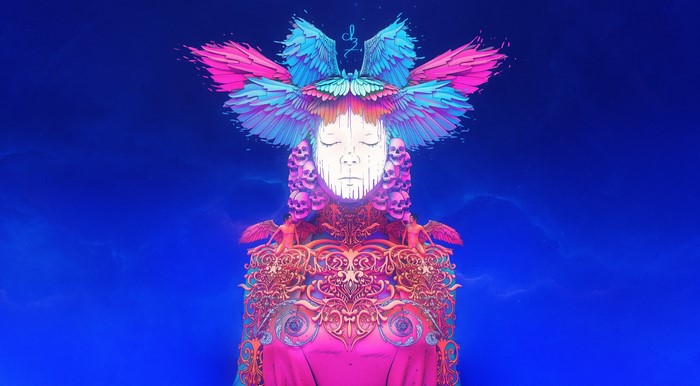 Illustration of a figure with wings and skulls