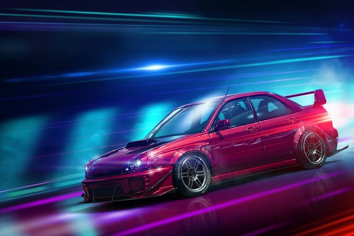 Red Subaru Impreza WRX STI driving at night