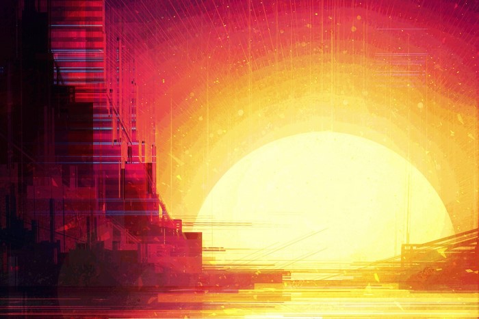 Digital illustration of a sunset with abstract city elements
