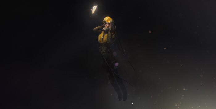 Woman in yellow spacesuit floating in space