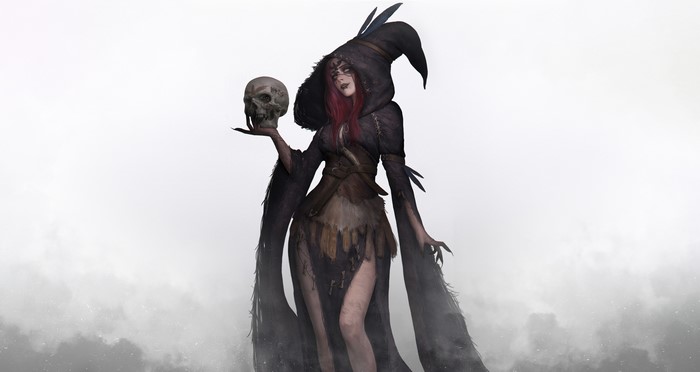 Witch holding a skull in a fantasy art style