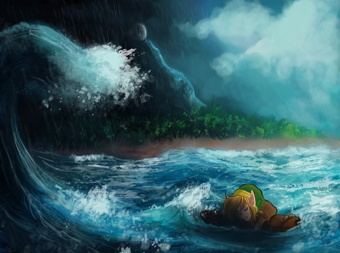 Link from The Legend of Zelda: Link's Awakening sleeping on a raft