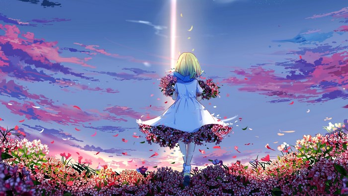 Anime girl with flowers in a field at sunset