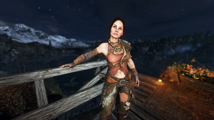 Anna from Metro Exodus on a wooden platform at night