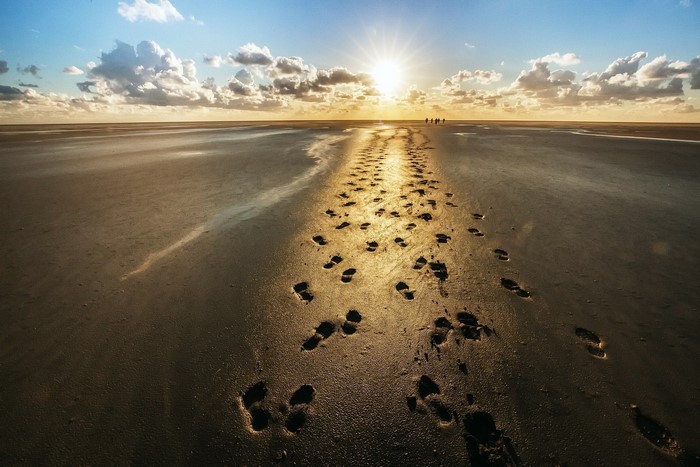 Footprints on a beach at sunset