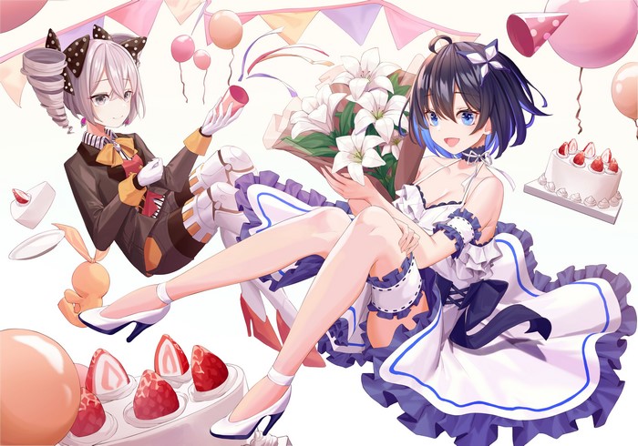 Anime girls celebrating birthday with cake and balloons