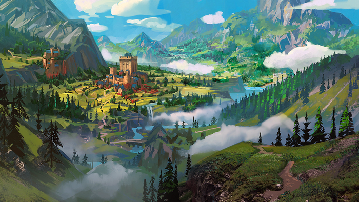 Fantasy landscape with a castle, mountains, and a river