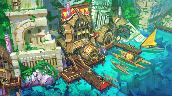 Fantasy village with boats on the water and ancient ruins