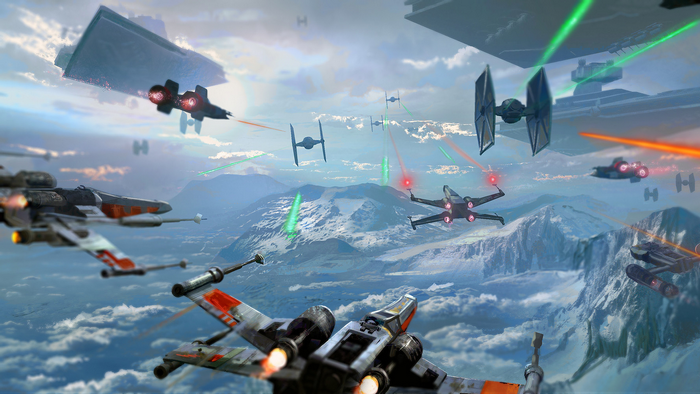 Star Wars X-wing and TIE fighter space battle over mountains