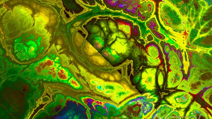 Abstract digital art with green and purple patterns