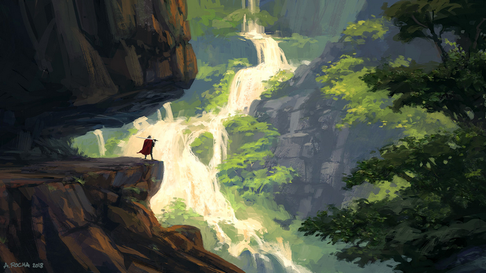 Man with sword on cliff overlooking waterfall by Andreas Rocha