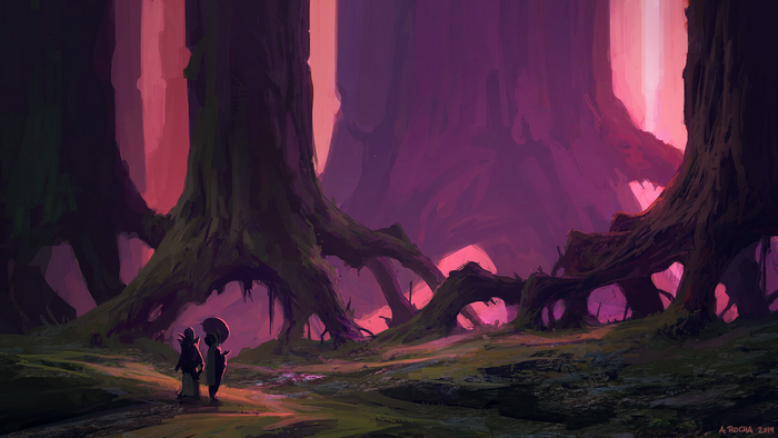 Two figures walking through a surreal, alien forest with large, gnarled trees and pink light.