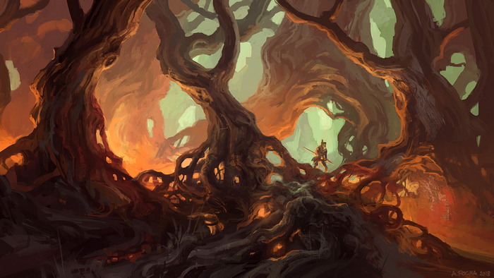 Man with staff in a dark, gnarled forest