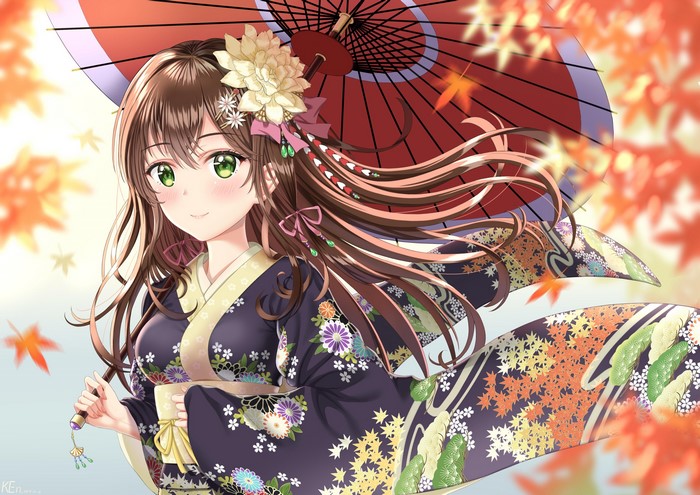 Anime Girl in Traditional Japanese Kimono with Umbrella