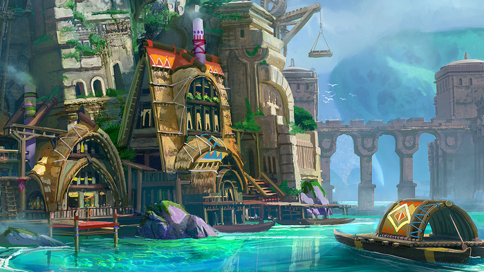 Fantasy village with boats on turquoise water