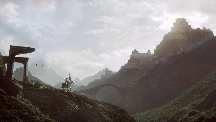 Fantasy landscape with knight on horseback and city on mountain