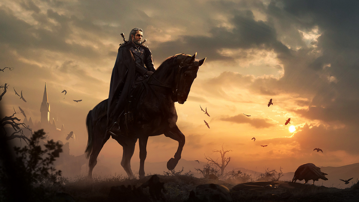 Geralt of Rivia on horseback at sunset with birds