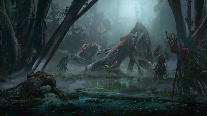 Fantasy swamp creatures in misty forest concept art