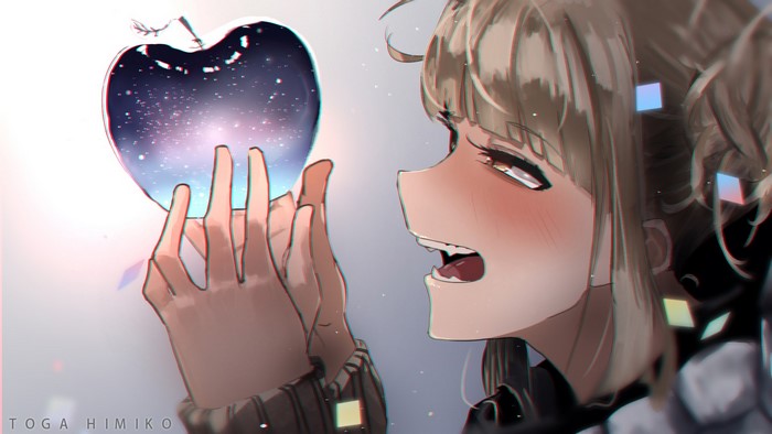 Himiko Toga from Boku no Hero Academia holding a galaxy apple