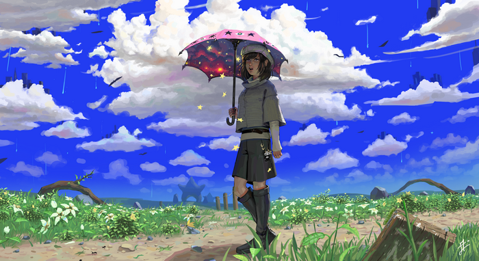 Anime girl with star umbrella in a field