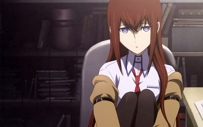 Makise Kurisu from Steins;Gate sitting in a room