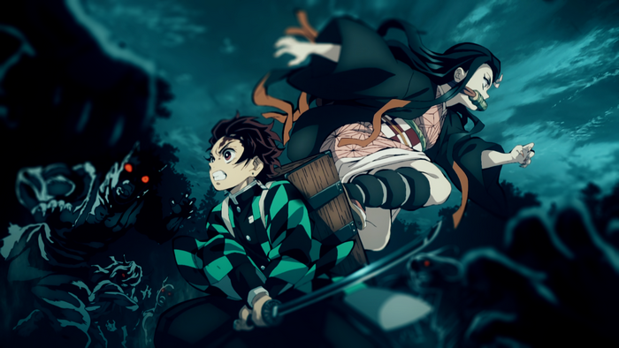 Tanjiro and Nezuko from Demon Slayer fighting demons
