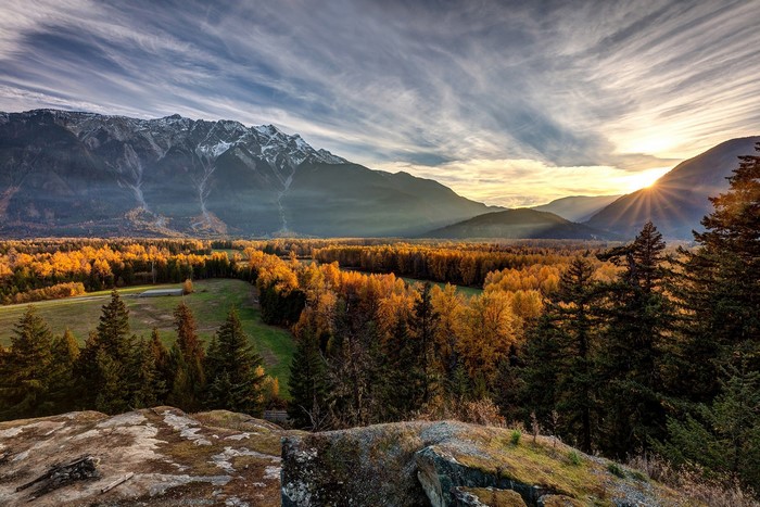 Mountains and autumn forest at sunset