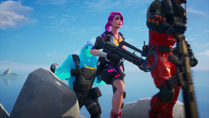 Fortnite characters on a rocky island with ocean background