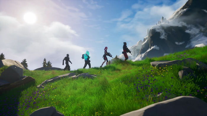 Fortnite characters walking on a grassy mountain path