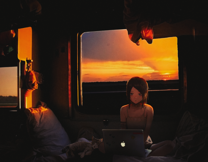 Anime girl with laptop and cat on train at sunset
